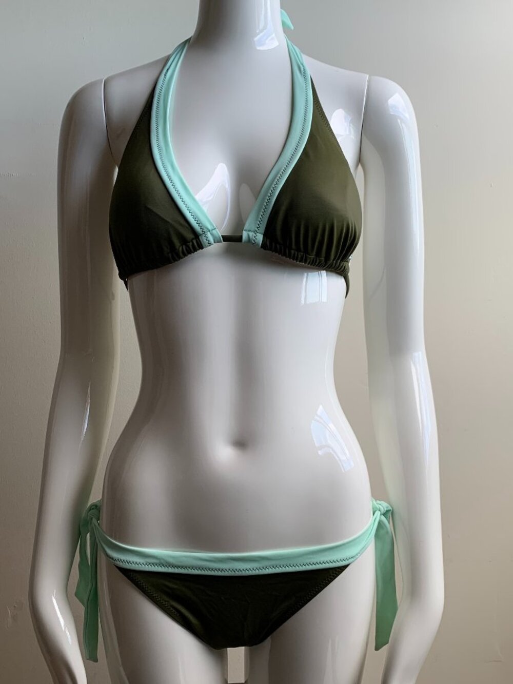billabong solid olive & mint green halter top bikini